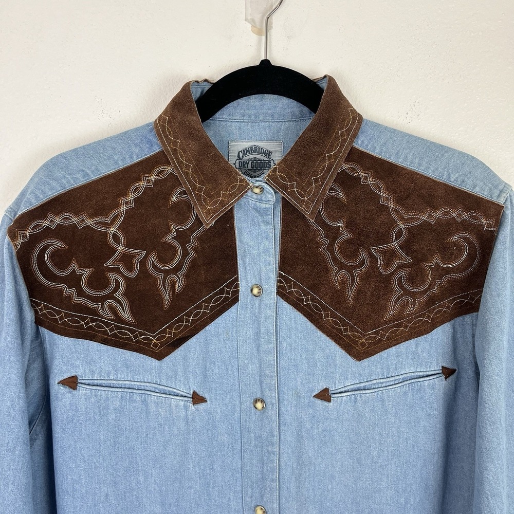 VTG Western Denim Shirt Women's 10 Suede Yoke Embroidered Snap Cowboy Ranchwear - Picture 4 of 14